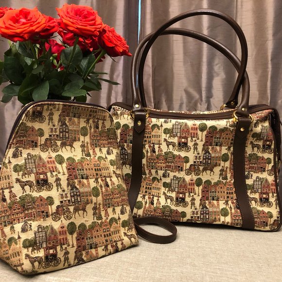 AUTHENTIC &HANDMADE TAPESTRY EMBOSSED BRAIDED LEATHER BAG AND BACKPACK SET. - Picture 1 of 9